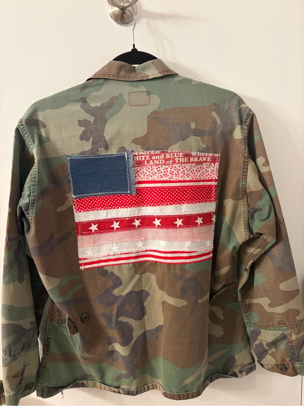 Camo Military-Style Jacket with American Flag Patch